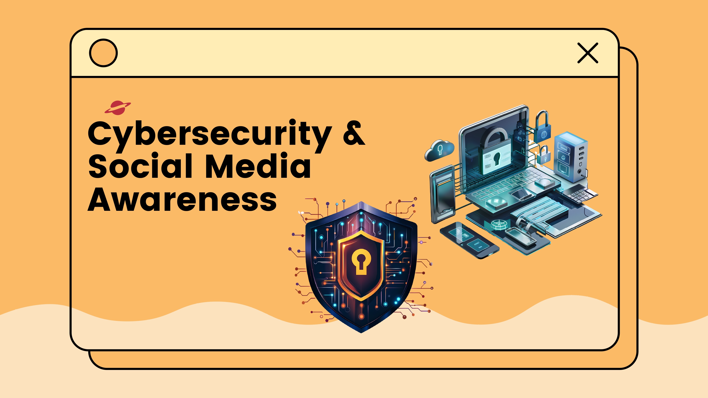 Infographic showing a padlock, hacker silhouette, social media icons (like Facebook, Instagram), and warning alerts with bright red and blue neon on a dark background